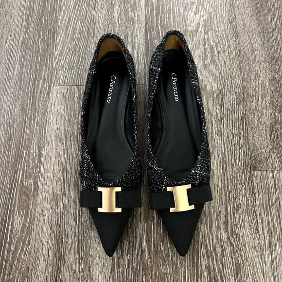 C. Paravano Aida Tweed Pointed Toe Flats Black Gold Metal Bow US 9 Workwear EUC - Picture 16 of 16